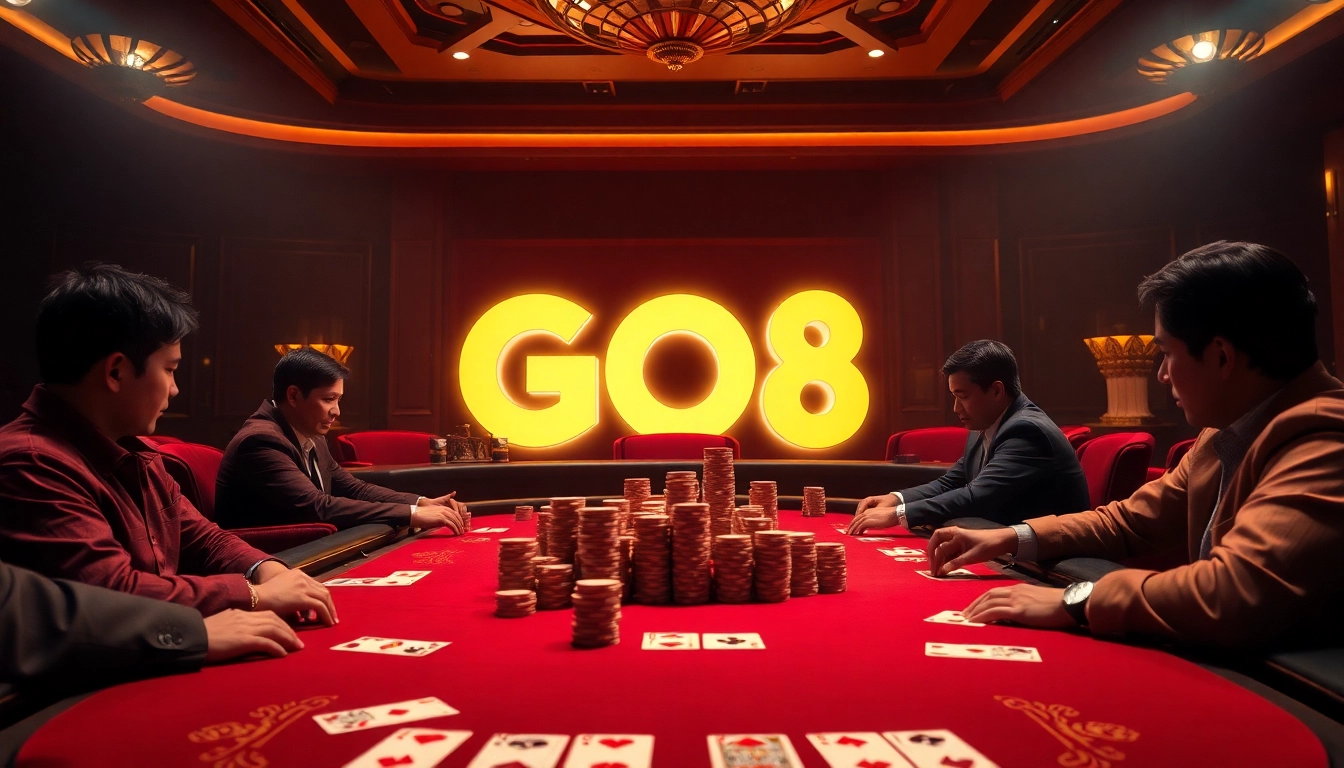 Players engaged in a high-stakes poker game at a luxury GO8-themed casino table.
