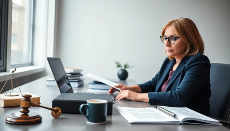 Sworn translator working in a professional office, translating legal documents with focus and precision.
