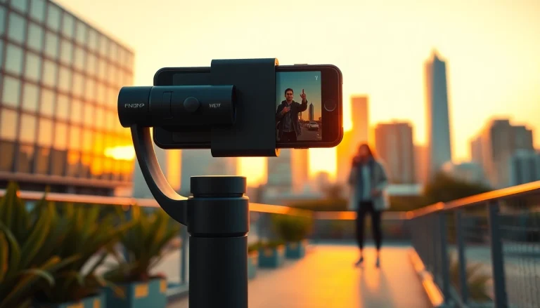 Mobile filmmaking with a phone gimbal in an urban setting during golden hour.