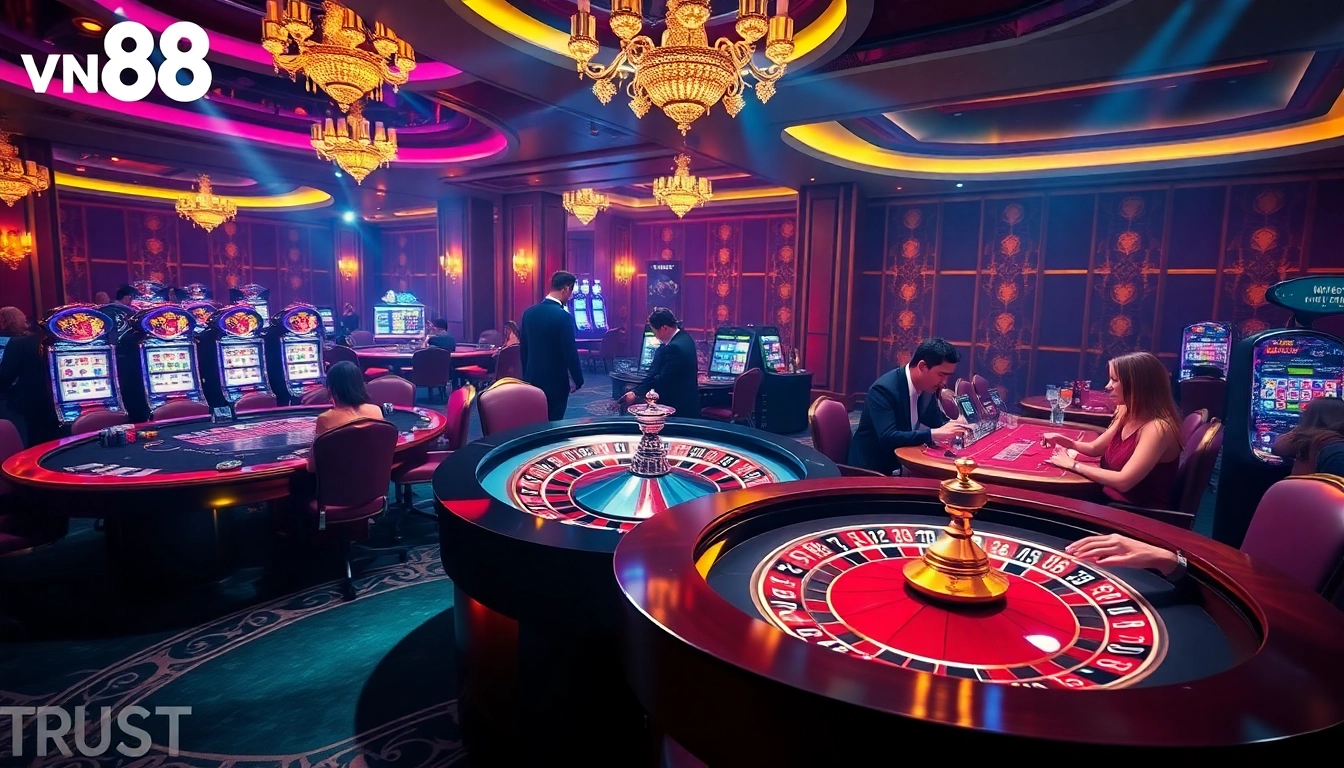 Experience the excitement of gambling with vn88 at a luxurious casino atmosphere featuring roulette and poker tables.