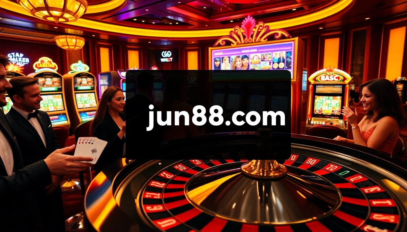 Players enjoying vibrant gambling action at jun88.com with roulette, poker chips, and slots.