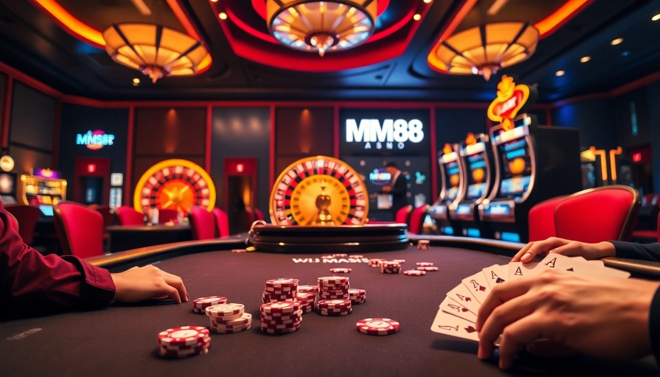 Exciting poker game at MM88 casino with vibrant chips and roulette wheel.