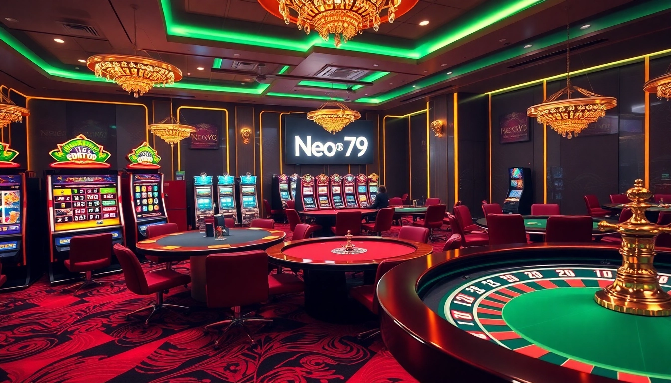 Neo79 casino scene featuring vibrant tables, slot machines, and poker action.
