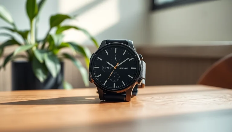 LC88 smart watch showcased on a wooden table with vibrant plant background, highlighting its sleek design.