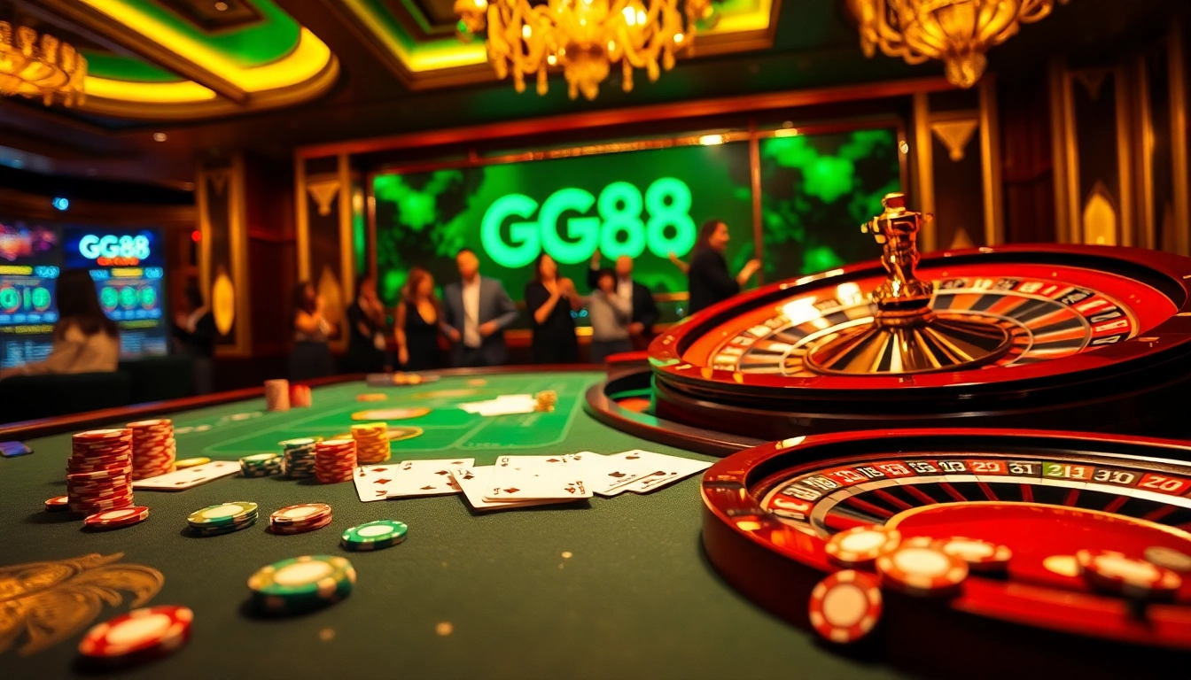 Players celebrating big wins at GG88 casino with colorful chips and dynamic gaming tables.