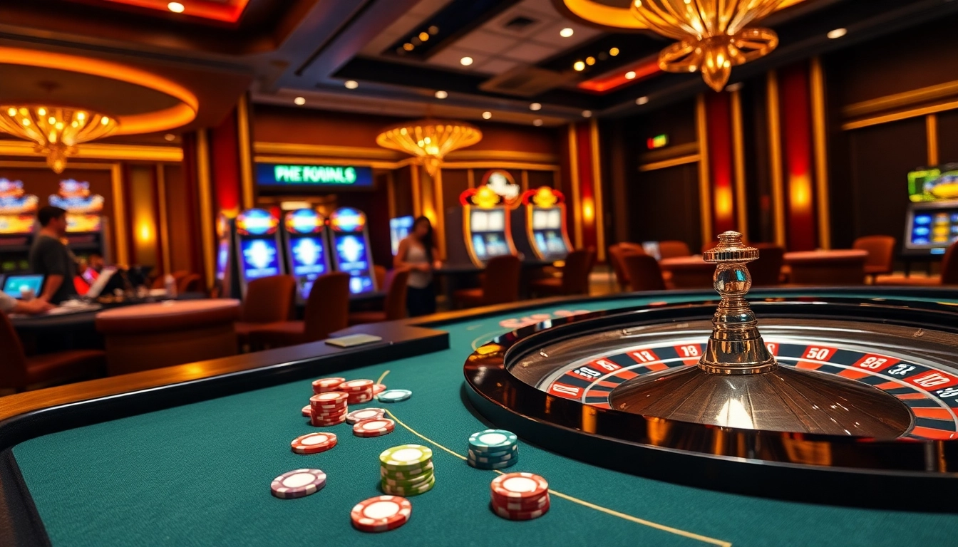 Experience the thrill of casino gaming at https://f168.news/ with vibrant poker chips and a spinning roulette wheel.