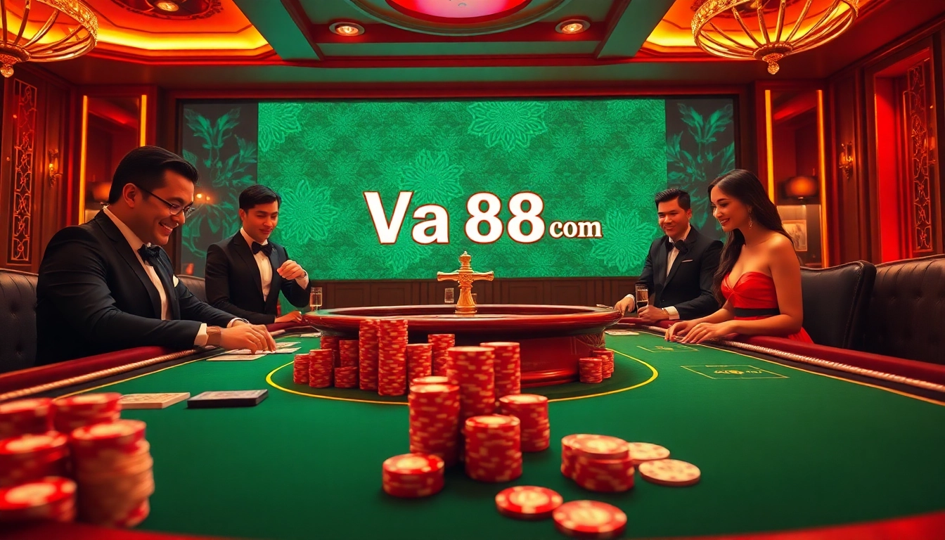 Experience thrilling gaming with Va88 com, showcasing a lively casino poker scene filled with excitement and elegance.