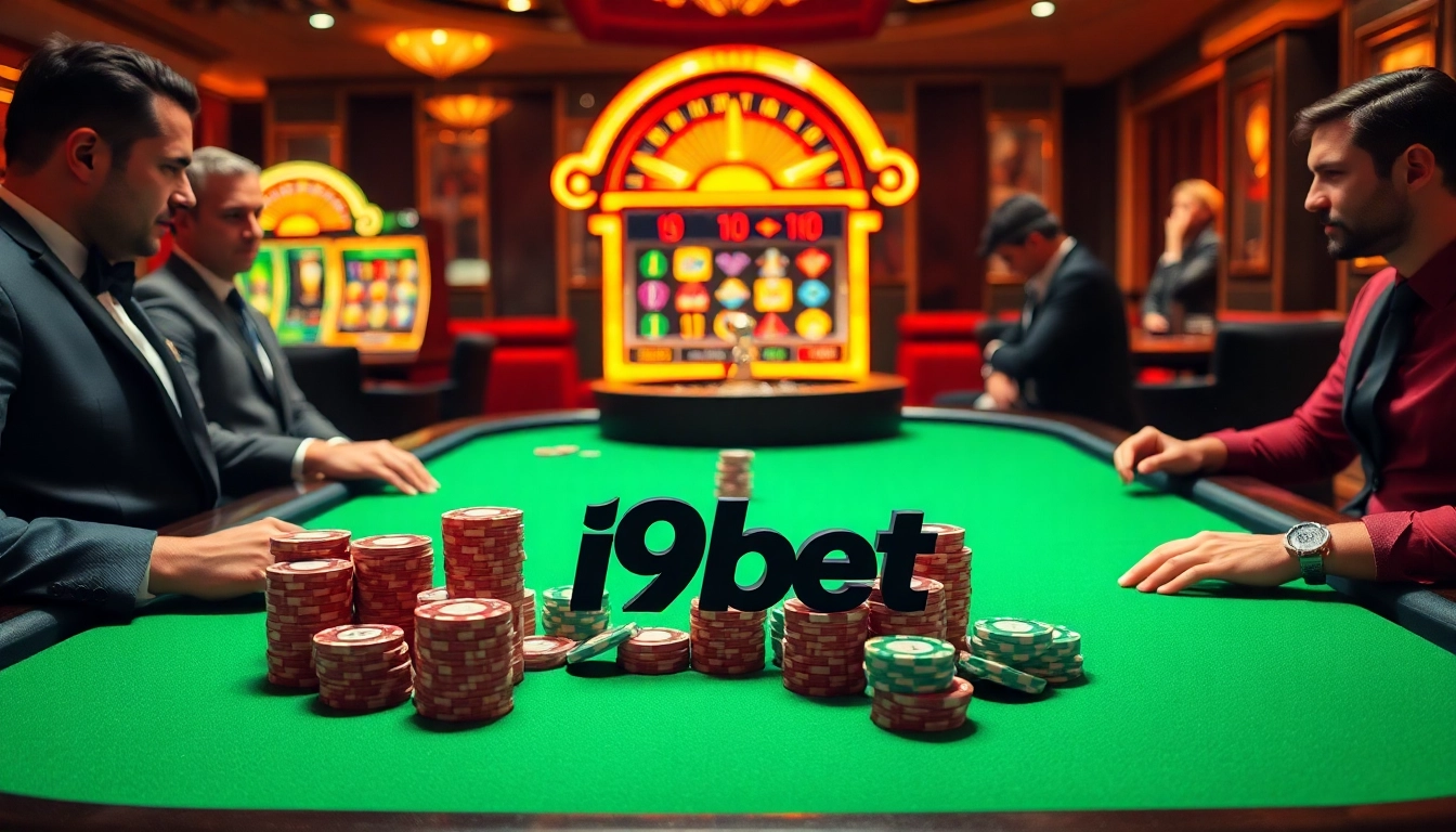 i9bet poker table featuring colorful chips amidst an exciting casino atmosphere