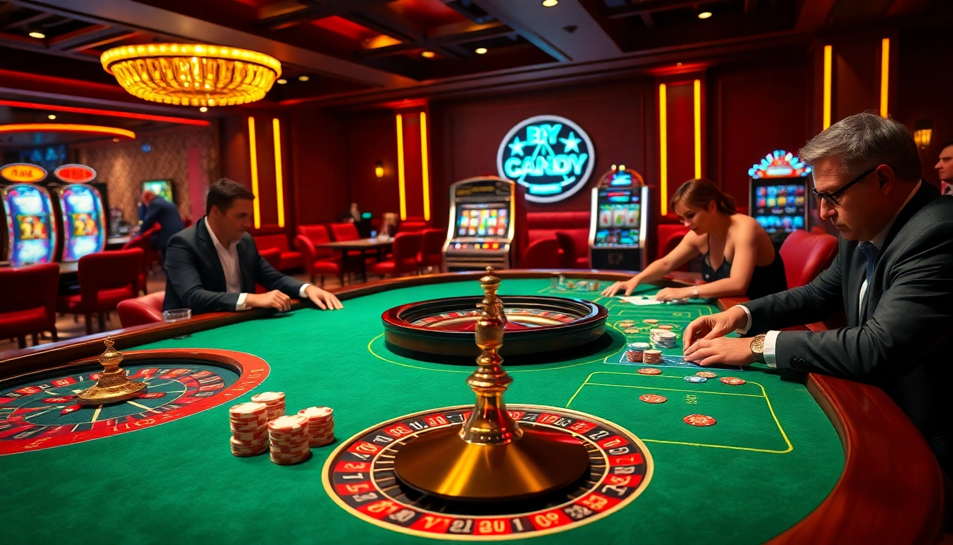 F168 casino scene with vibrant tables and engaged players showcasing luxury gambling excitement.