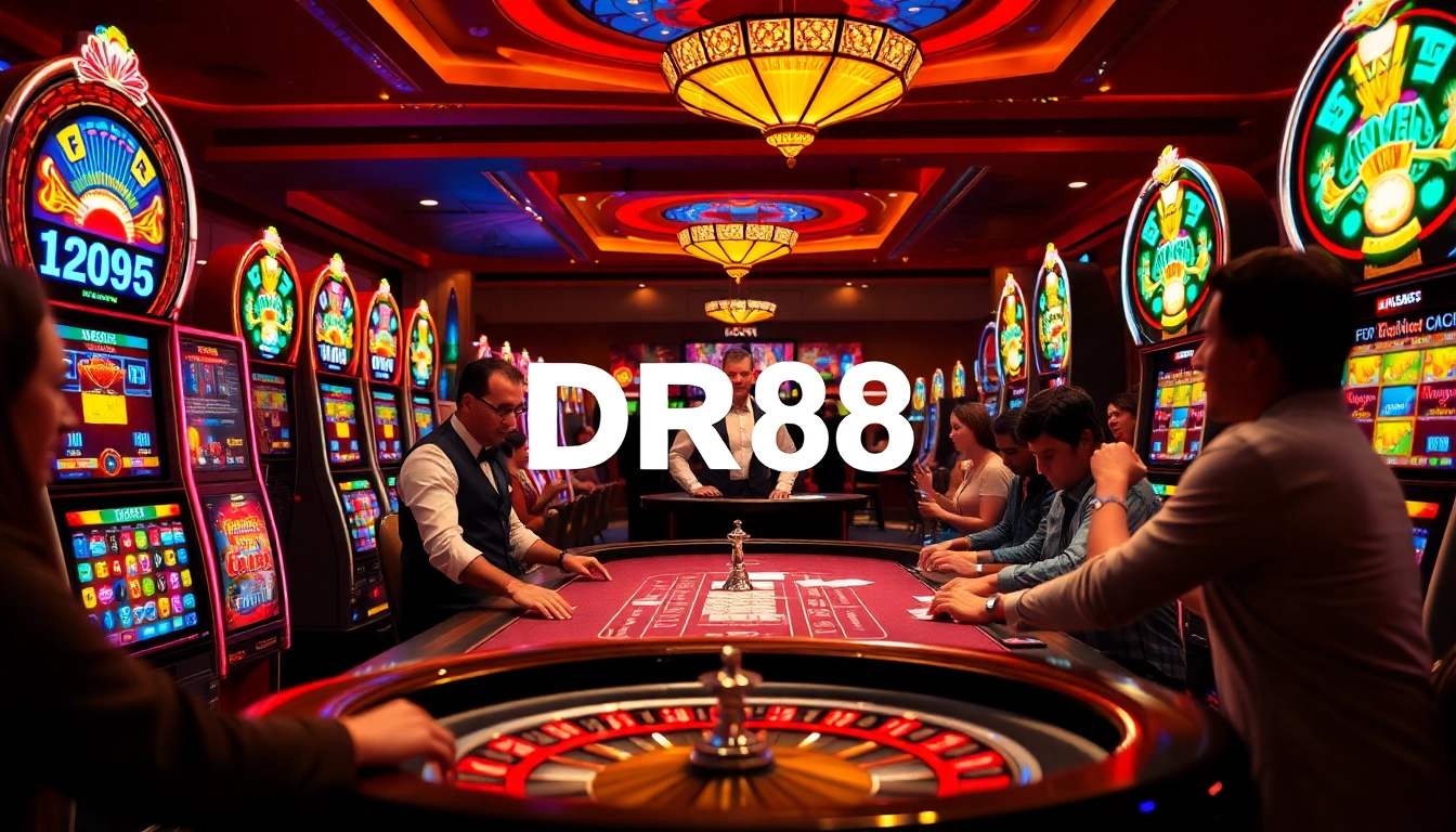 Players enjoying a thrilling casino experience at DR88 with vibrant poker tables and slot machines.