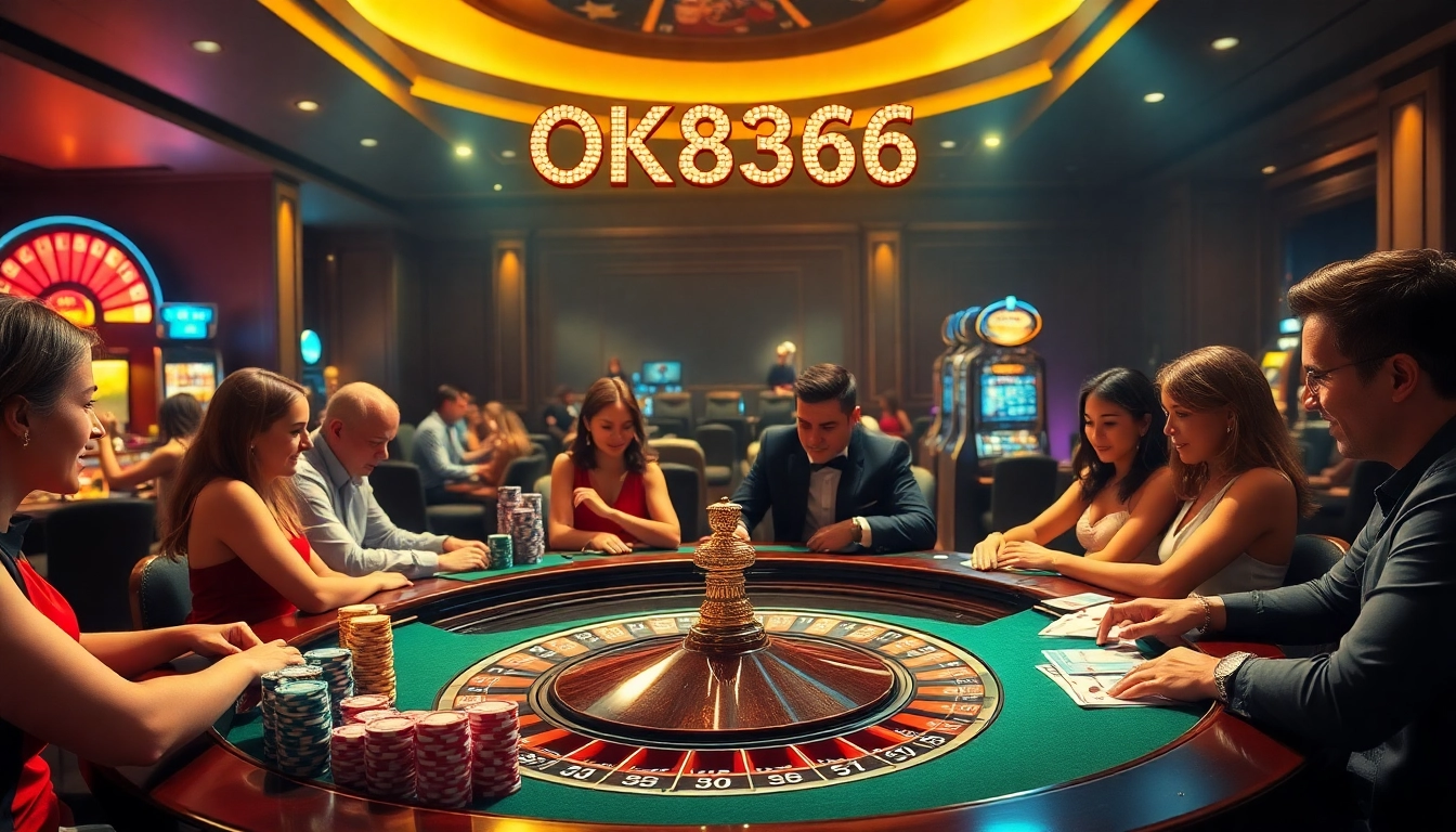 Celebrating big wins at an OK8386 casino with vibrant roulette, poker chips, and lively gamblers.