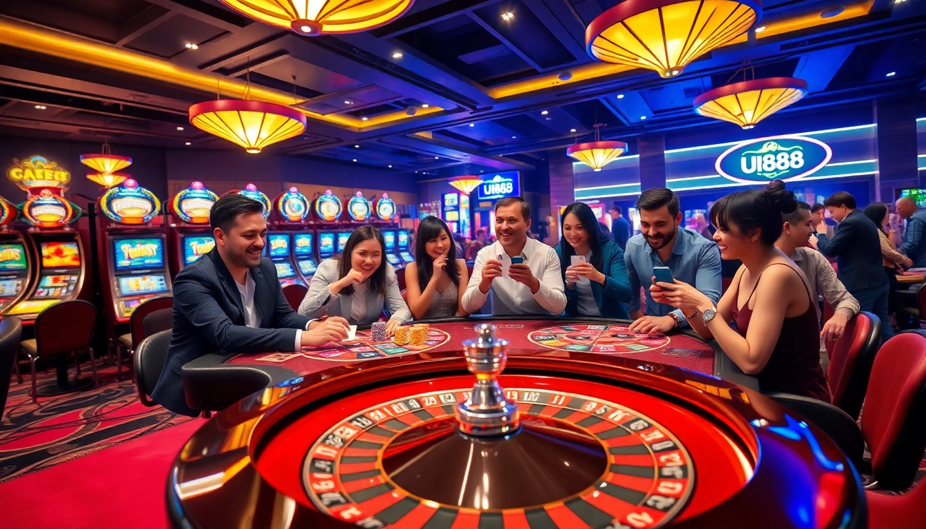 Exciting casino scene with diverse players celebrating wins at uu88 poker tables.