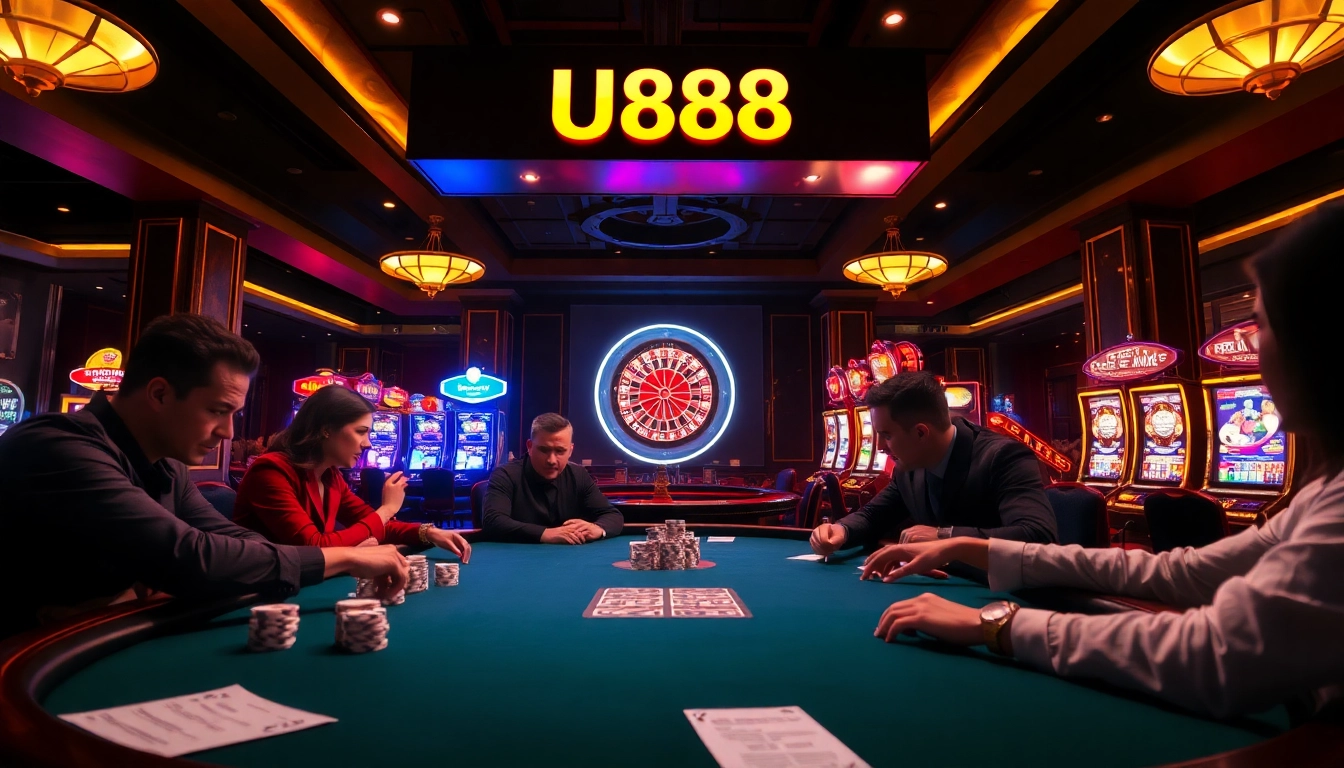 Competitive poker game at U888 casino with players, chips, and roulette wheel in a luxurious setting.