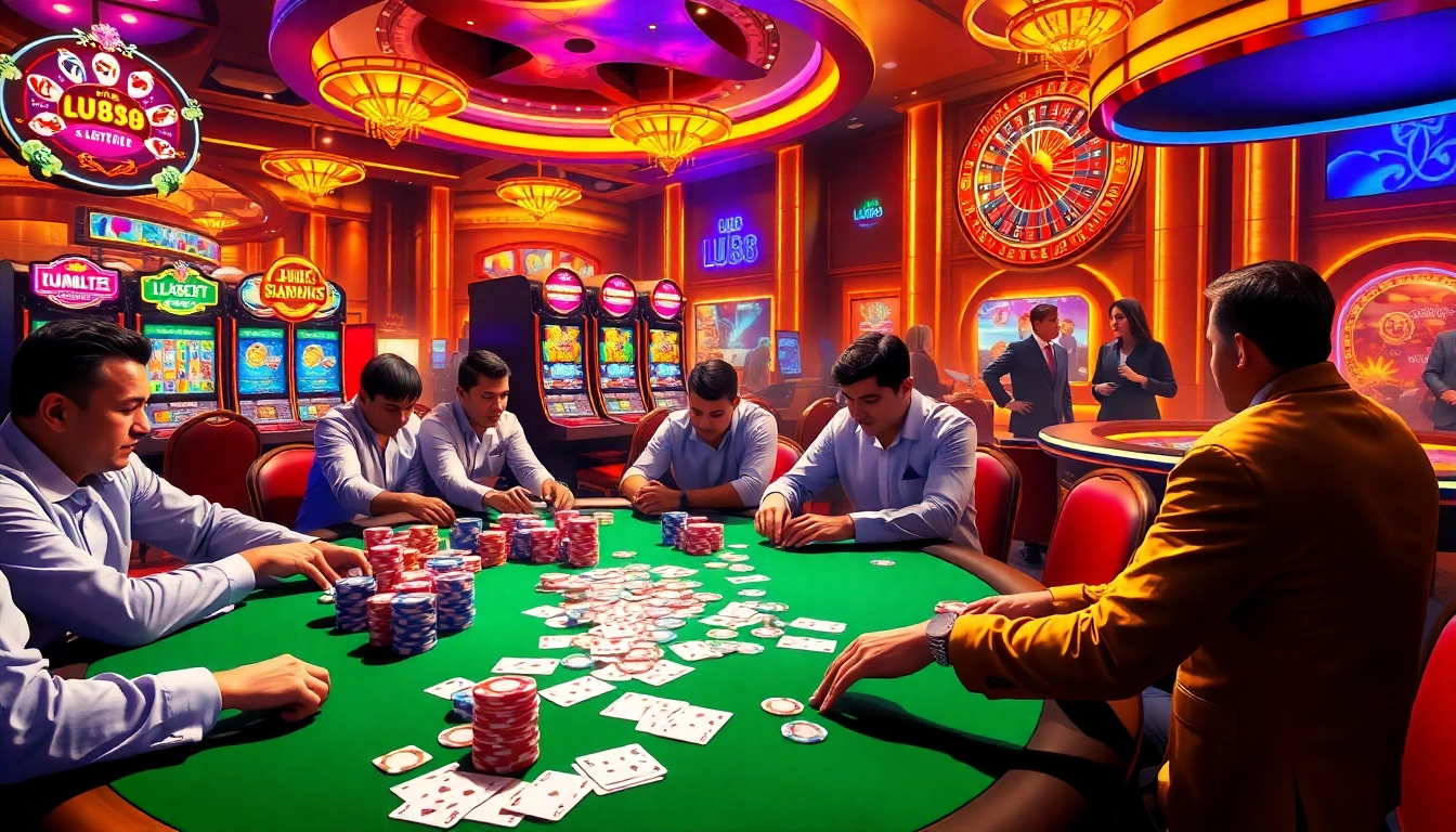 Experience the thrill of gambling at Lu88's vibrant casino tables with poker chips and live dealer action.