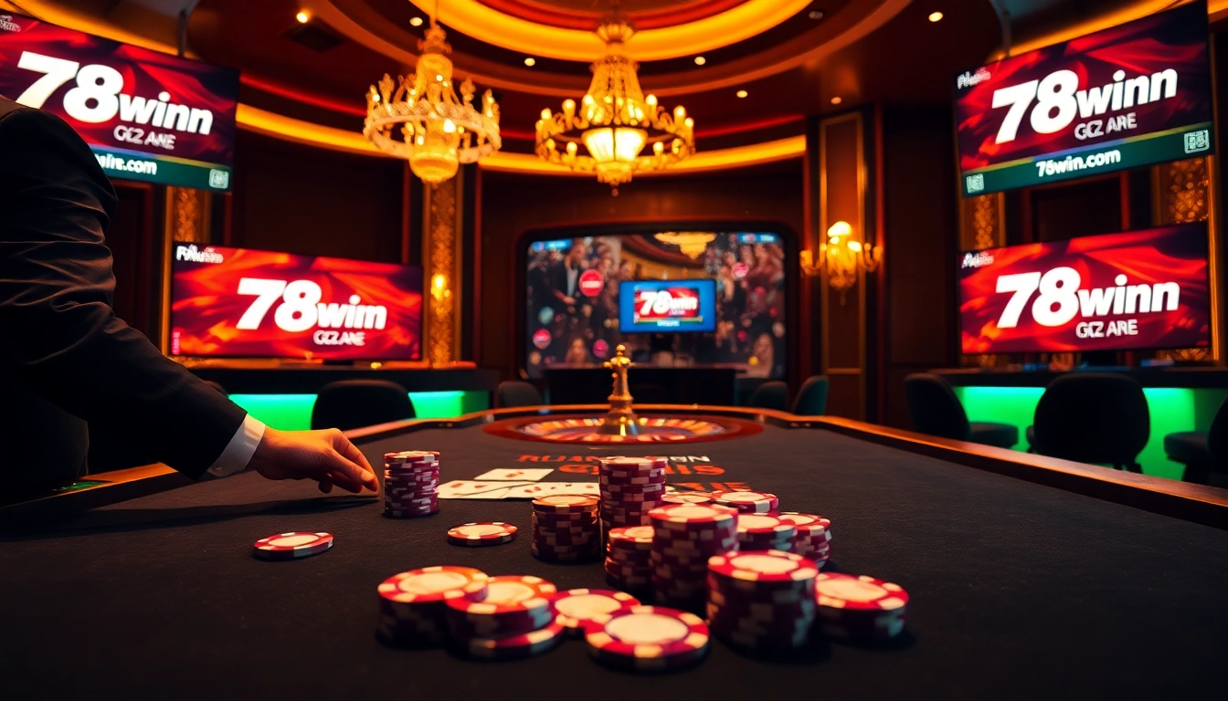 Experience thrilling gaming at 78win.com with vibrant poker chips and dealers in a luxurious casino setting.