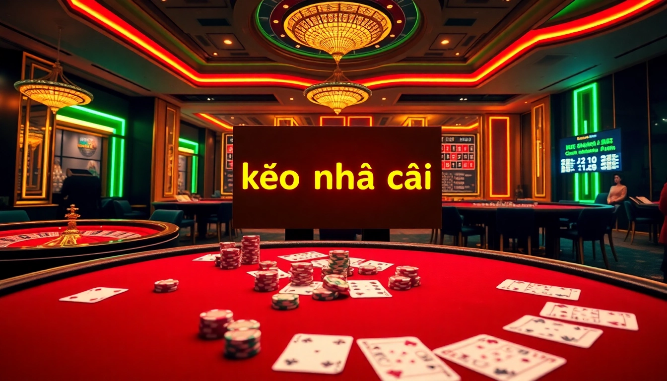 Engaging visual of kèo nhà cái highlights in a luxurious online casino atmosphere with gambling elements like poker chips and betting slips.