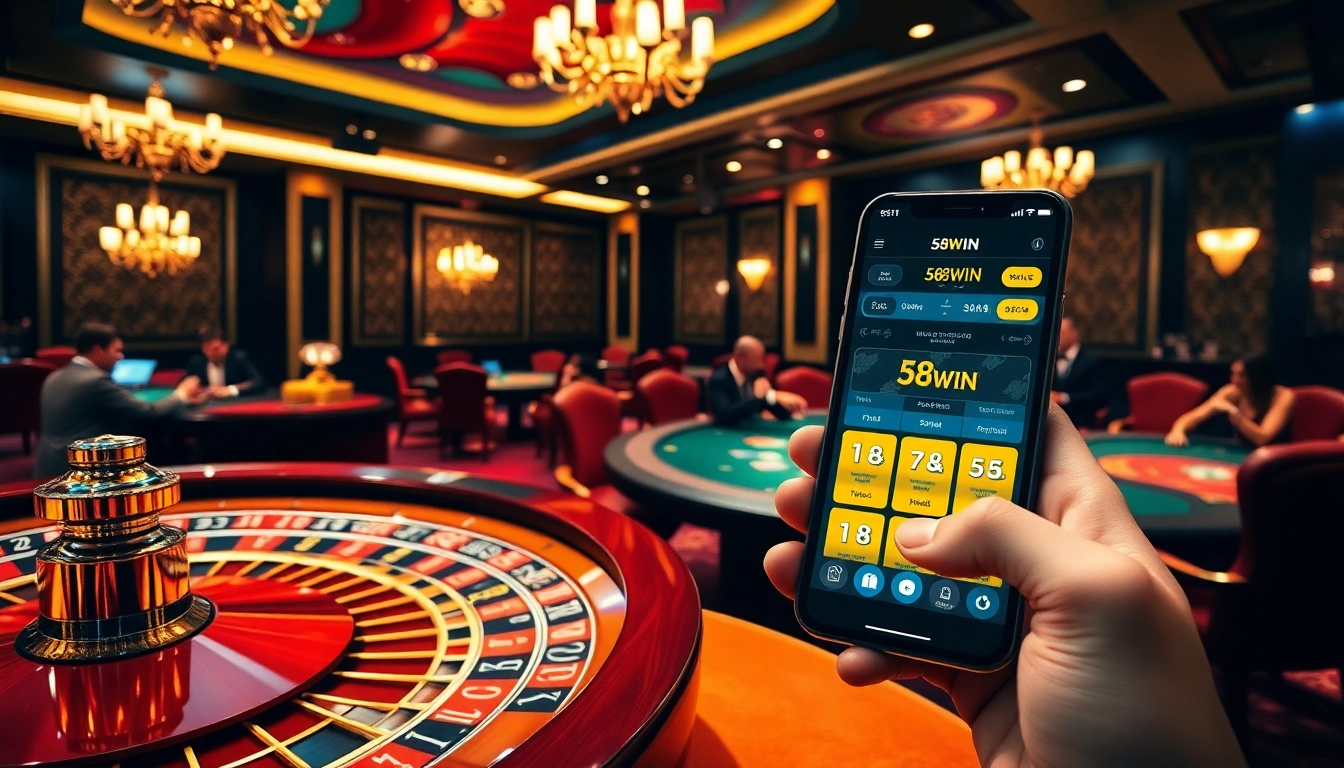 Exciting casino moment featuring 58WIN's online betting platform with players and roulette.