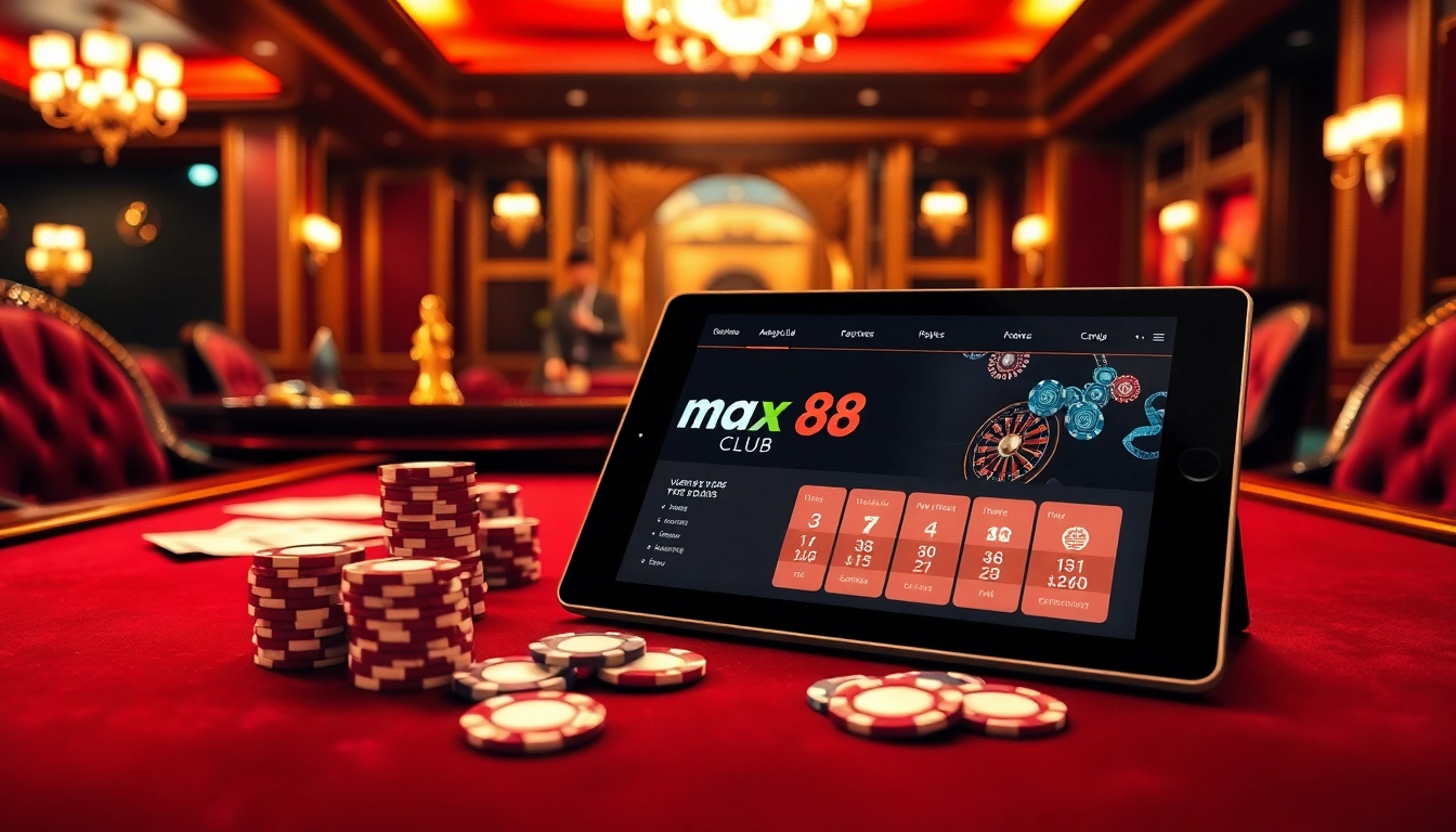 Engage with max88 club's luxurious casino atmosphere filled with vibrant gaming elements.