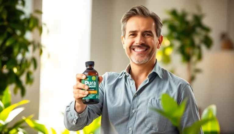 Pura Boost revitalizing male vitality and energy, featuring a confident man with the product in a natural, vibrant setting.