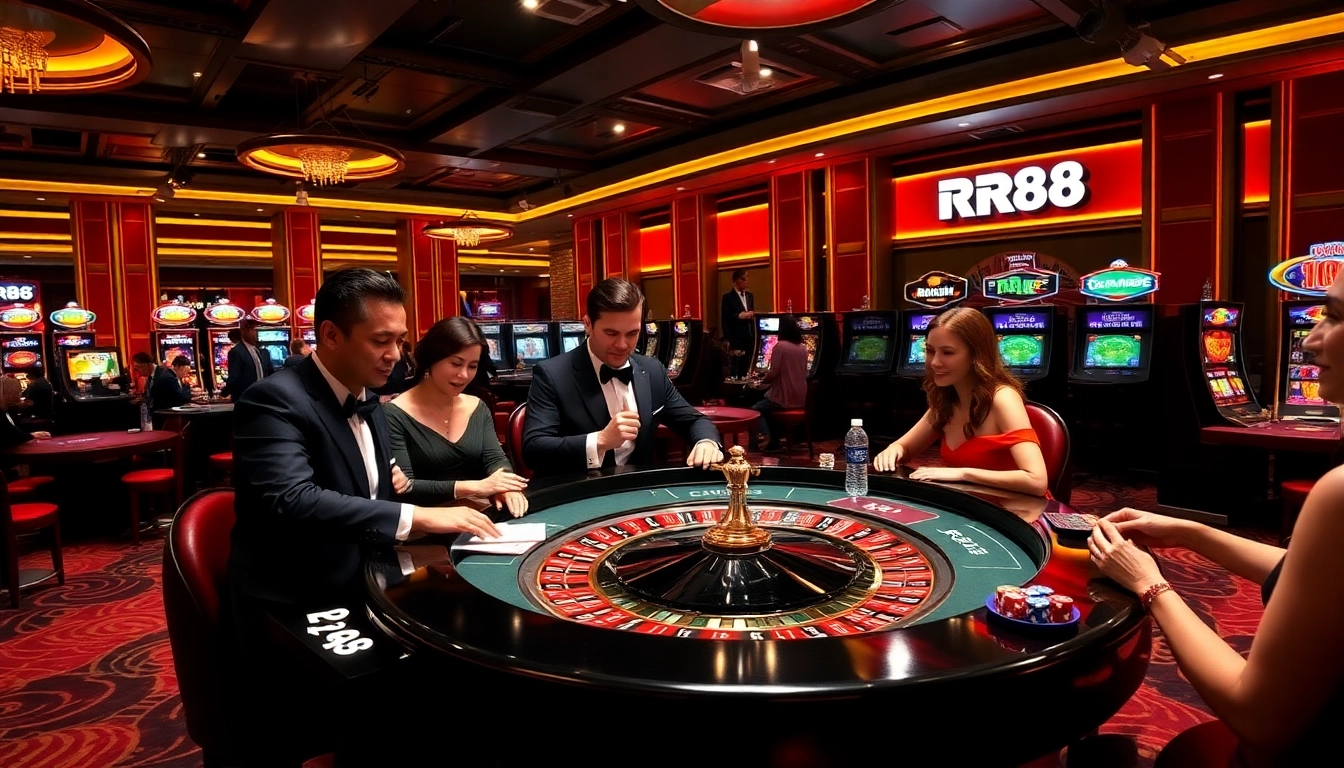 Exciting casino atmosphere at RR88 with players enjoying roulette and poker games.