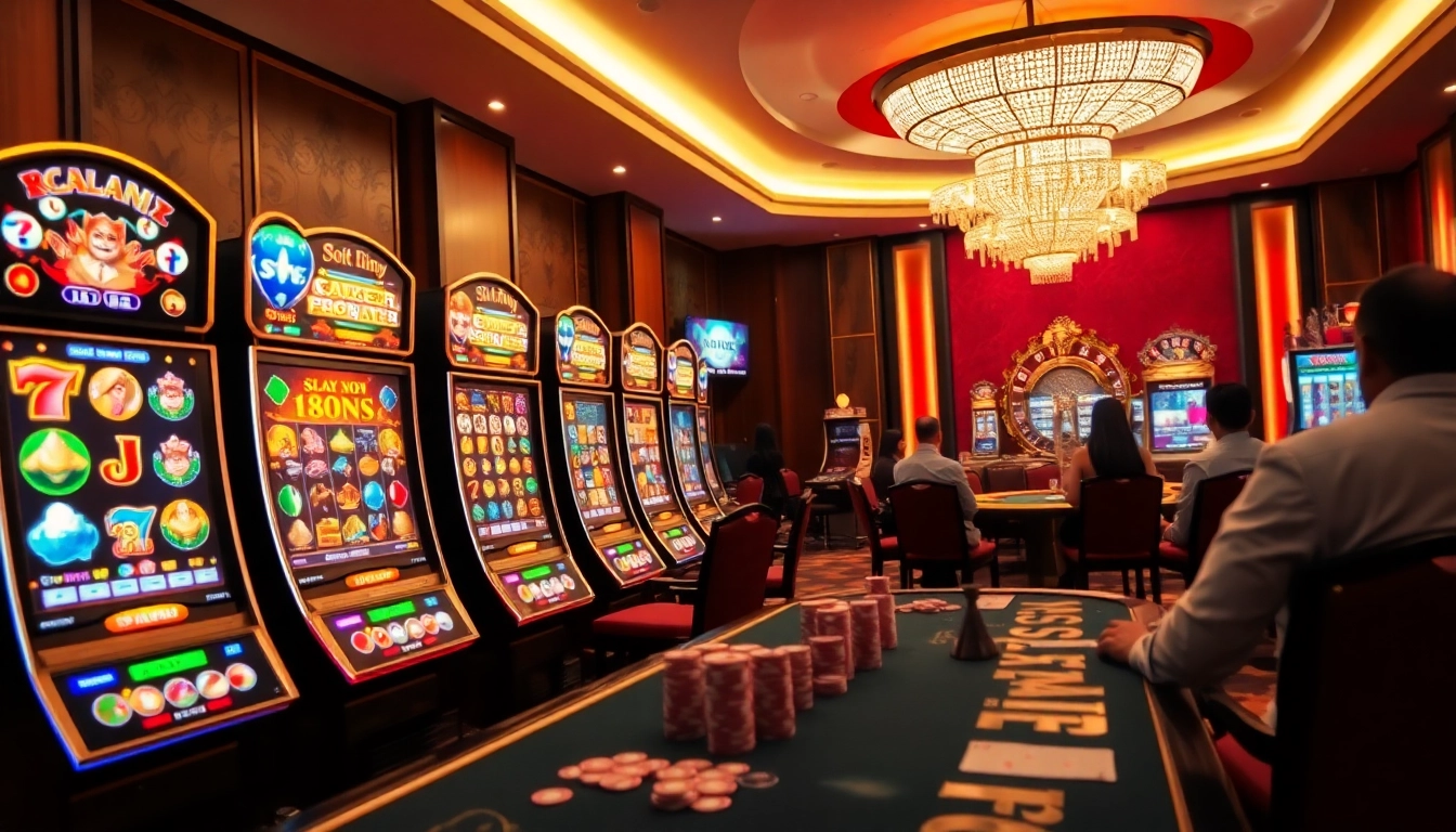 Experience the thrill of Slot Gacor Hari ini in a vibrant casino scene, featuring dynamic slot machines and players immersed in gaming.