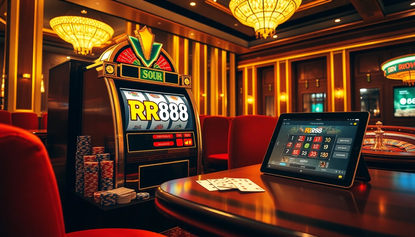 Slot machine featuring RR888 logo attracts gamblers with vibrant poker chips.