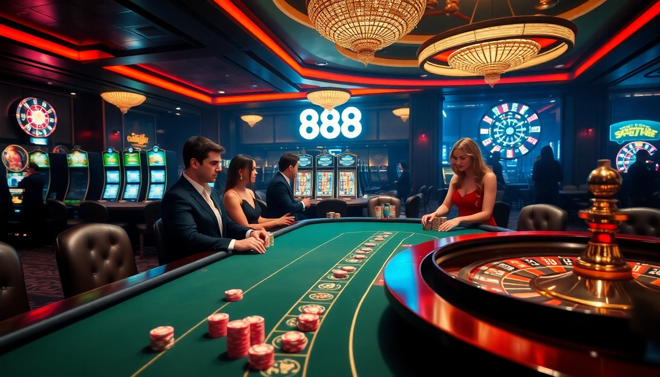 Experience the thrill of 888b casino gaming with vibrant poker tables and glowing slot machines.