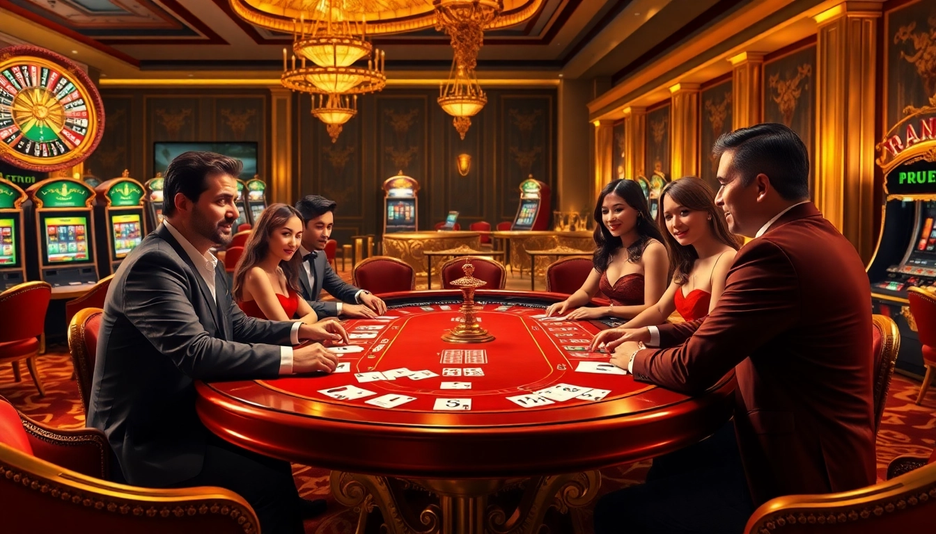 Experience thrilling gameplay at https://fivee88.com/ with a vibrant casino scene featuring gaming tables and players.