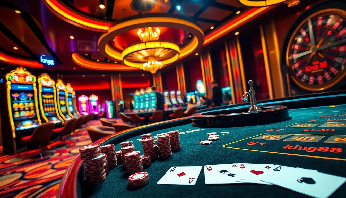 Experience the excitement of a vibrant casino floor scene featuring king88 slot machines and poker gameplay.