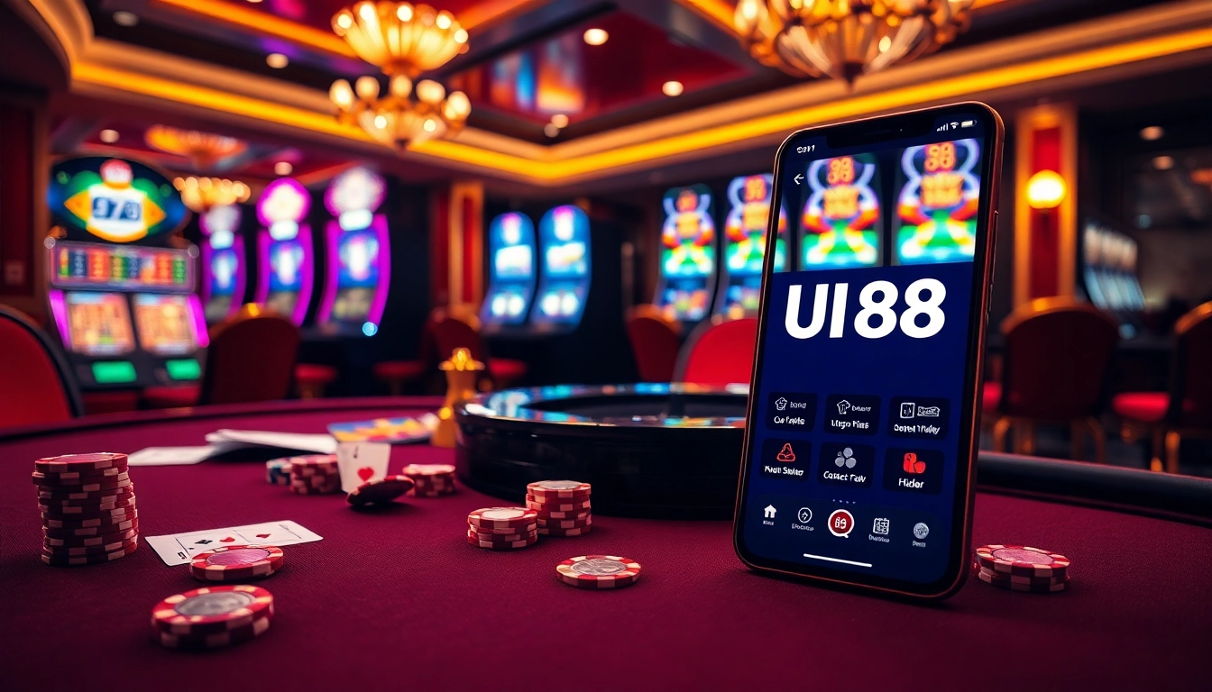 Experience the thrill of UU88 with vibrant casino visuals, including tables and slot machines.