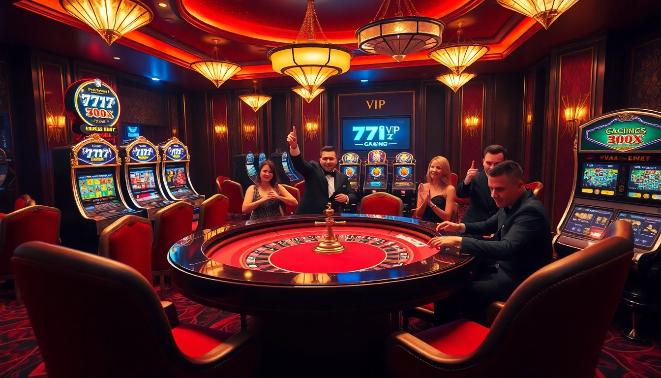 Players experiencing the thrill of 777VIP casino games at a luxurious table, celebrating wins.