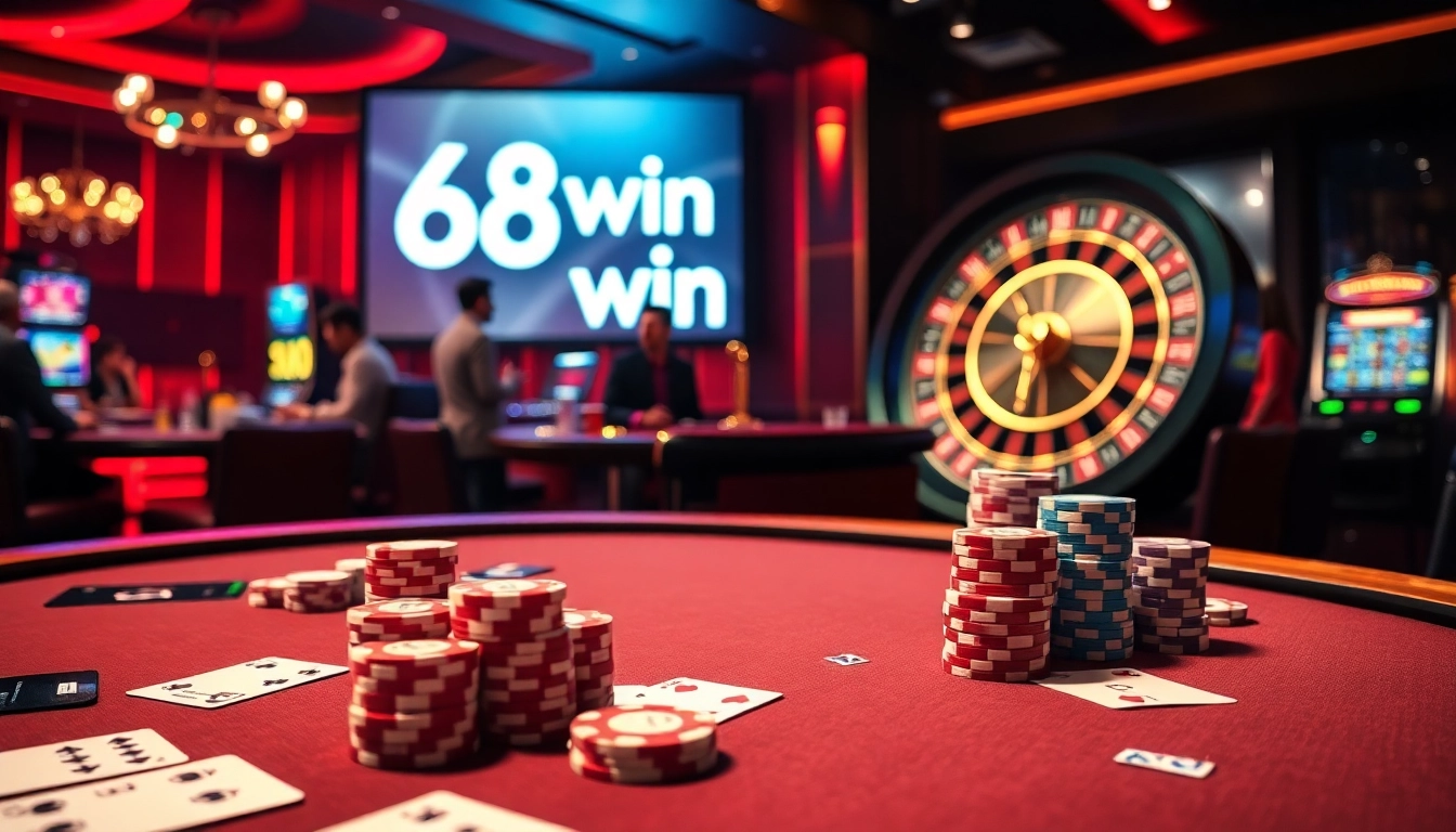 Winning with 68win at a luxurious casino table featuring poker chips and roulette.