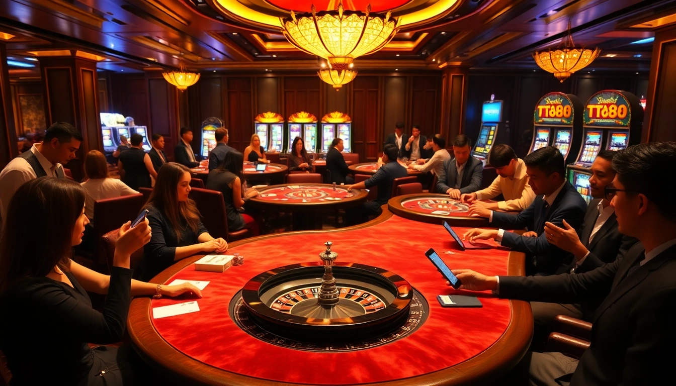 TT88 players enjoy an exciting casino experience with poker tables and vibrant slot machines.