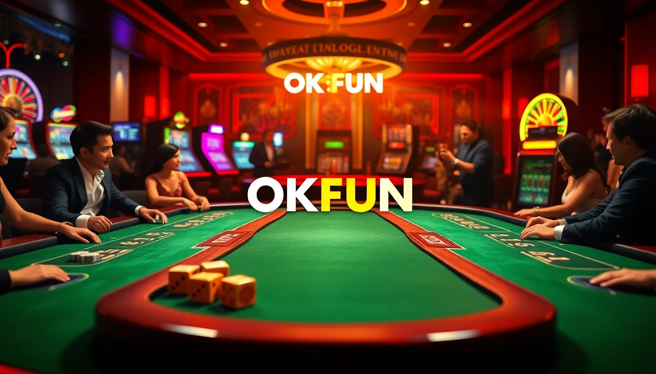 Exciting casino atmosphere featuring OKFUN logo with poker tables, slot machines, and roulette wheel.