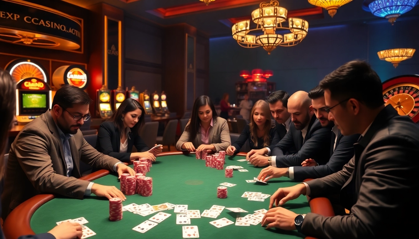Players engaging in an intense poker game at PU88 casino, featuring vibrant lights and elegant decor.