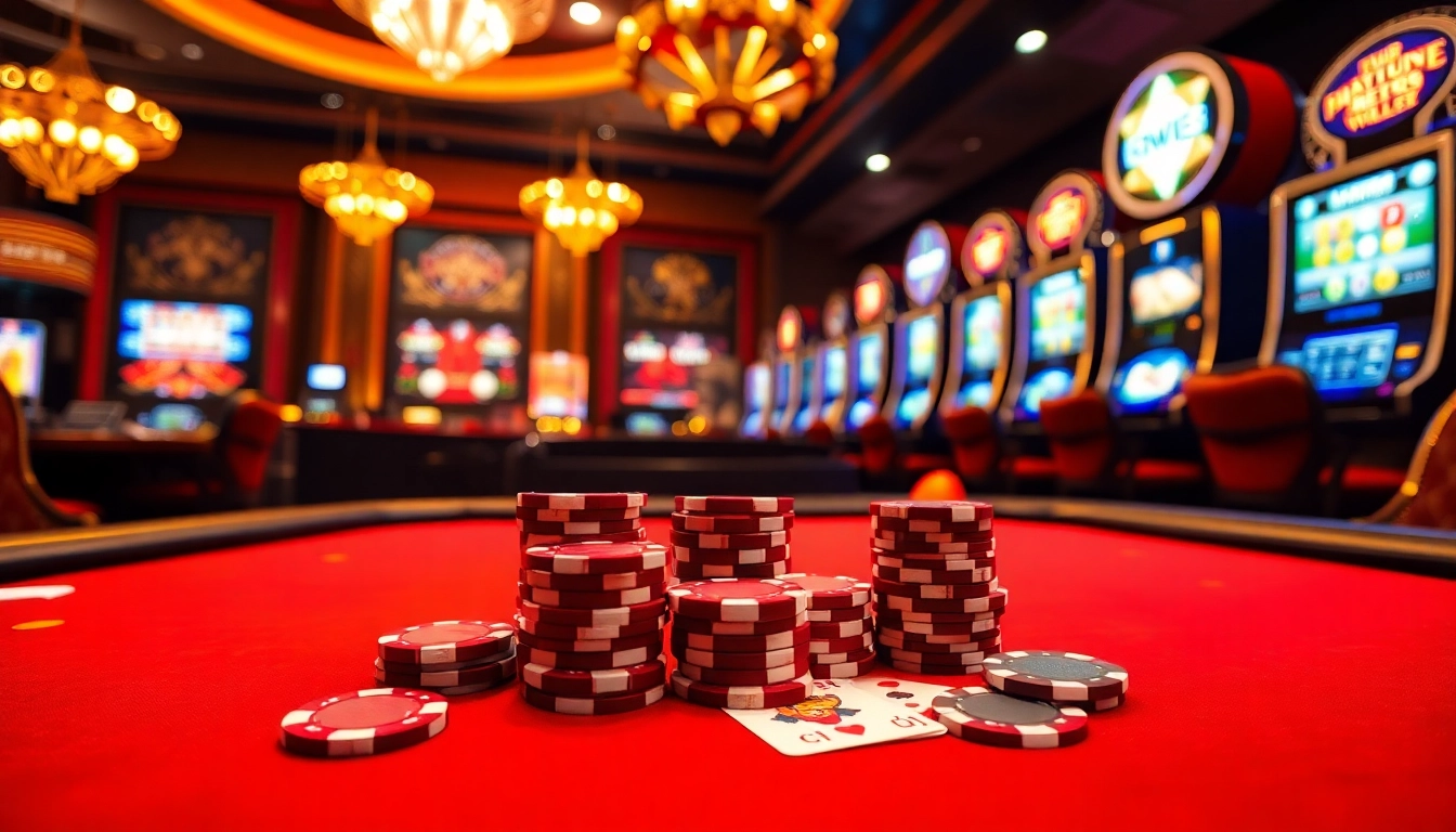 Experience the excitement of bet88 with vibrant casino tables, poker chips, and a spinning roulette wheel.