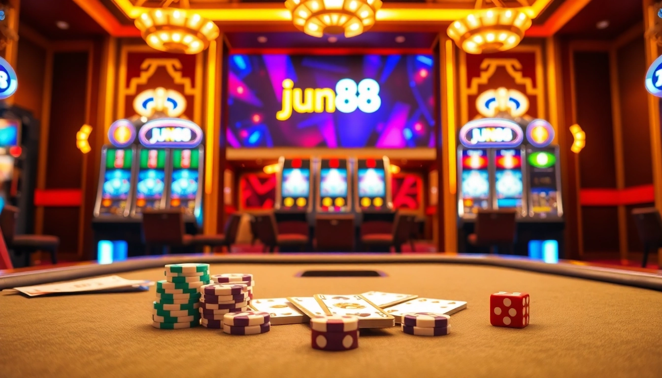 Experience the excitement of Jun88 with a luxurious casino scene featuring vibrant gaming elements.