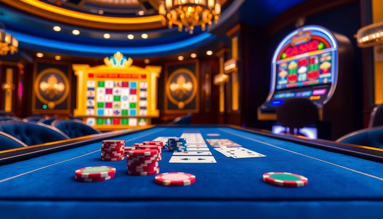 Engaging scene of abc88's vibrant online casino showcasing chips and cards on a sleek virtual table.