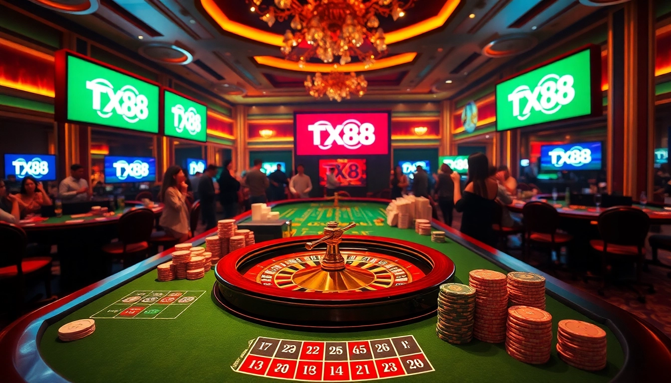 Engaging casino scene with vibrant gaming elements linking back to https://tx88.us.org/ for an exciting experience.