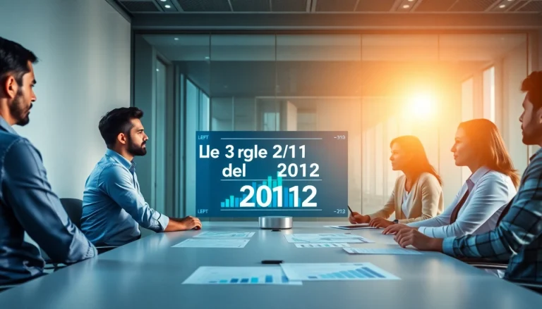 Consulenti finanziari che discutono le strategie della Legge 3 del 2012 in un ufficio moderno.