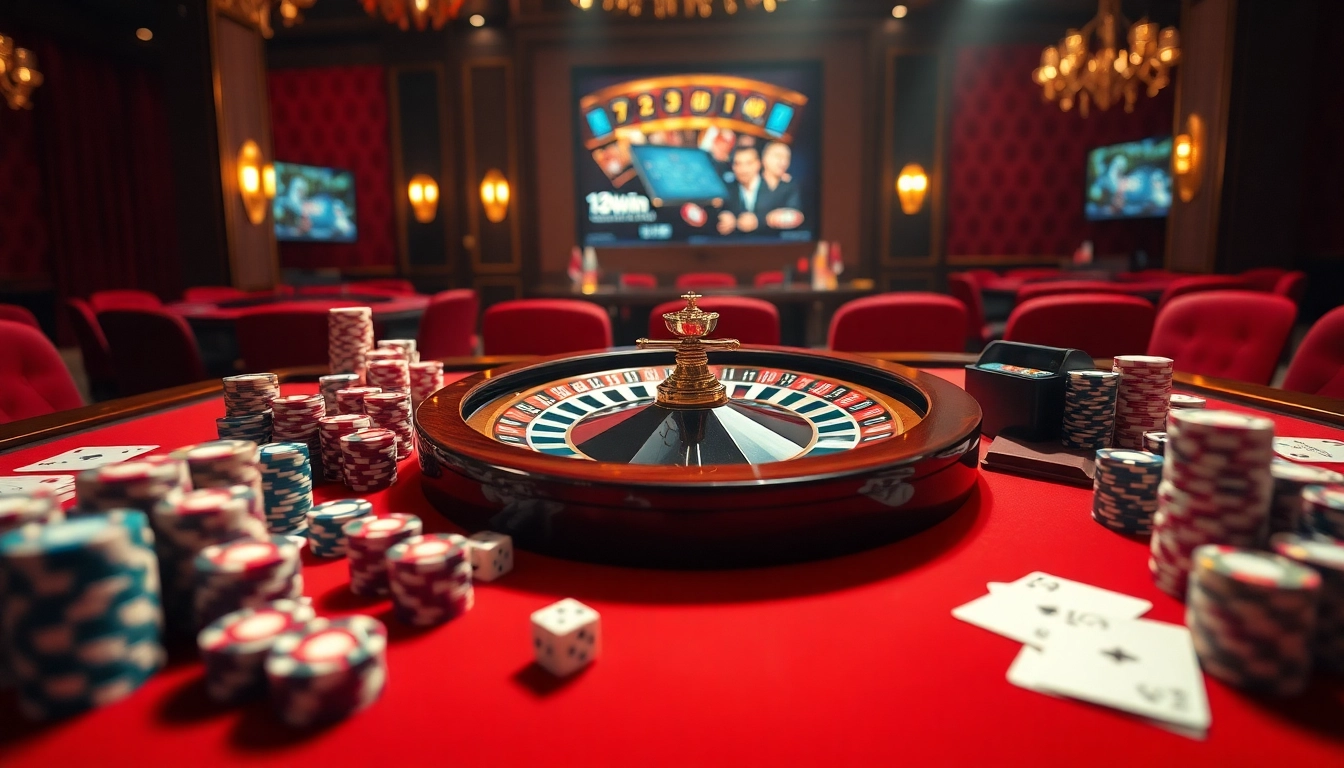 Engage in high-stakes poker action at 13Win's luxurious casino featuring vibrant chips and a roulette wheel.