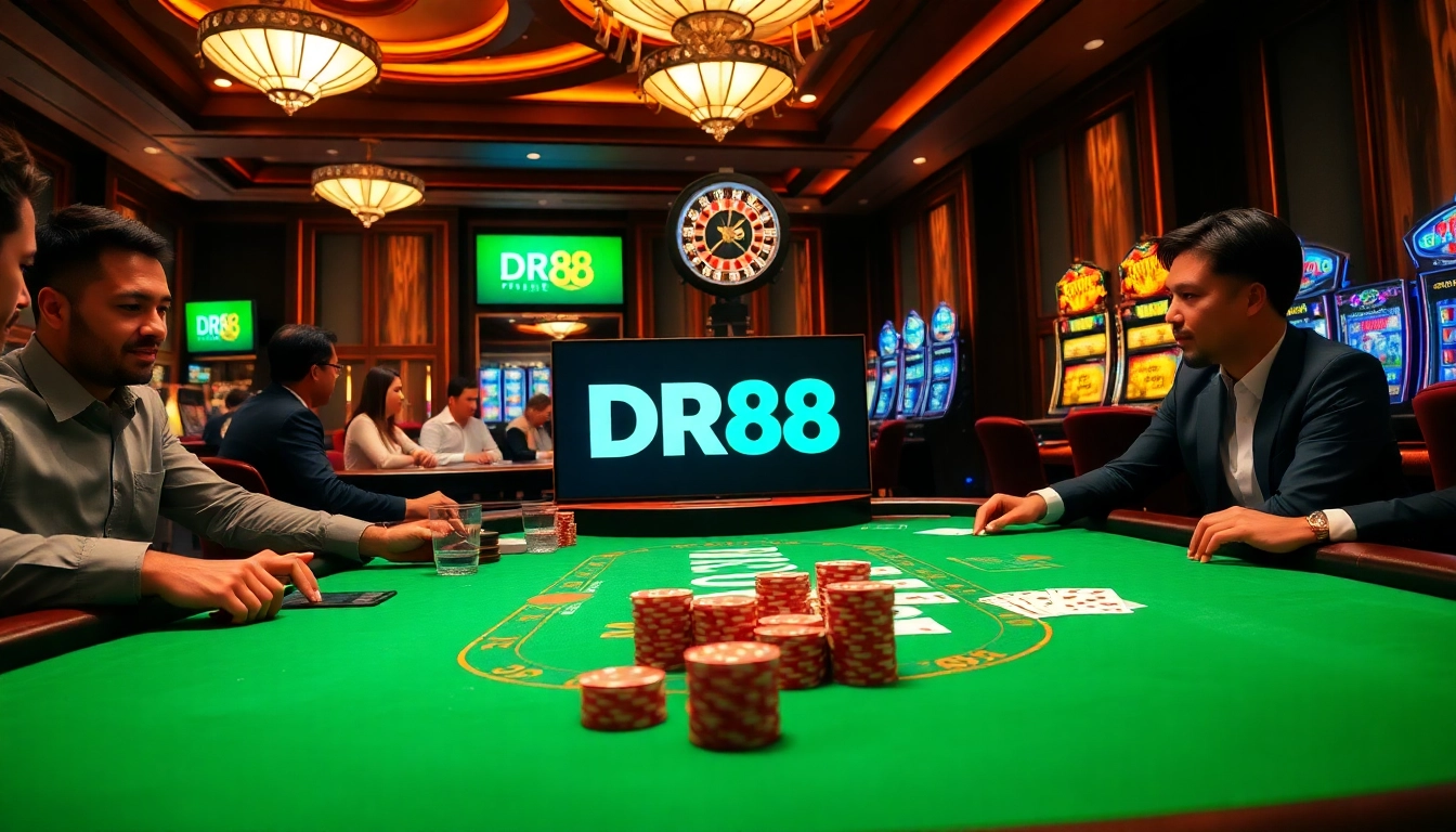 Engage with thrilling gaming at DR88 casino, featuring vibrant poker chips and action cards.