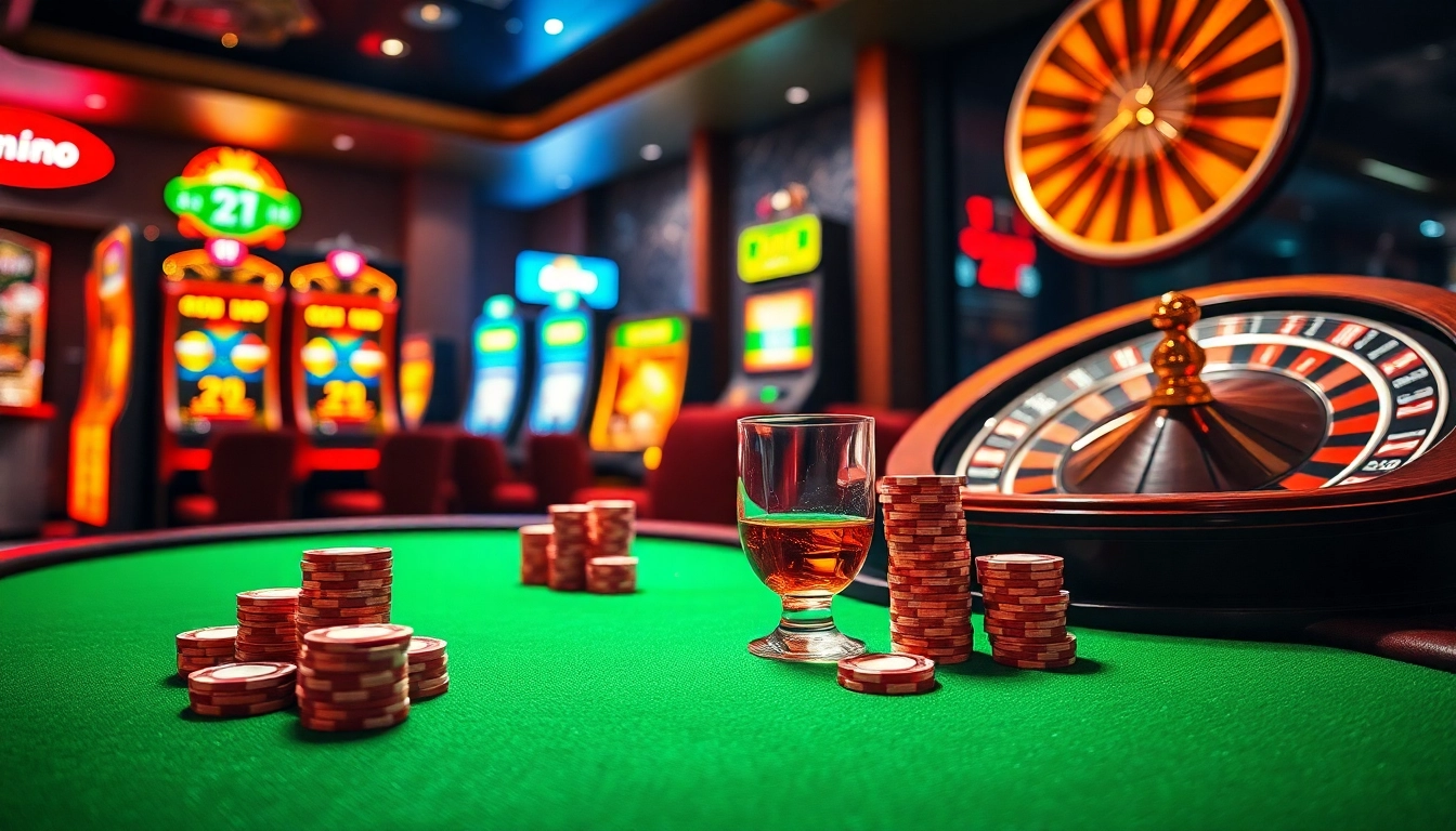 Experience adrenaline rush with Link F168 at an exciting casino poker table featuring vibrant chips and slot machines.