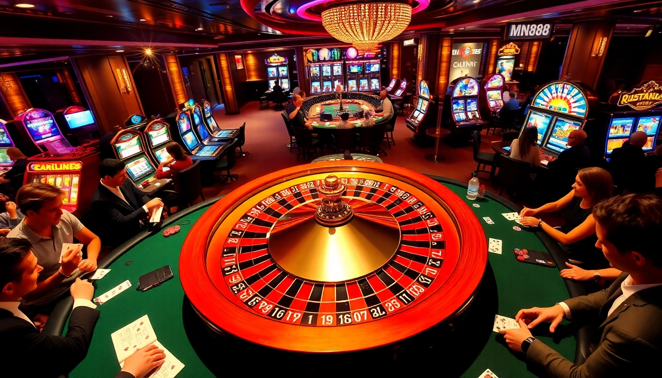 Experience the thrill of MN88 with vibrant casino visuals featuring roulette, poker, and slot machines.