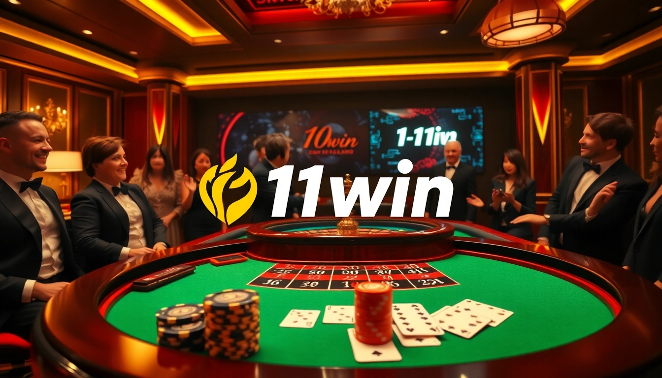 Exciting casino scene featuring 11win with roulette table, poker chips, and a luxurious atmosphere.