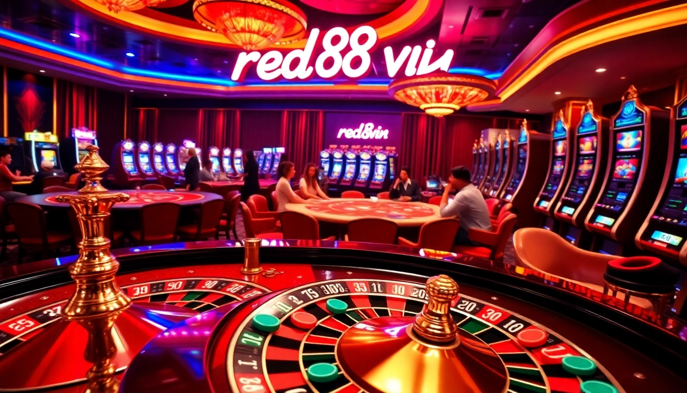 Experience the thrill of gaming at red88 vin with an engaging casino scene featuring roulette, poker, and slot machines.