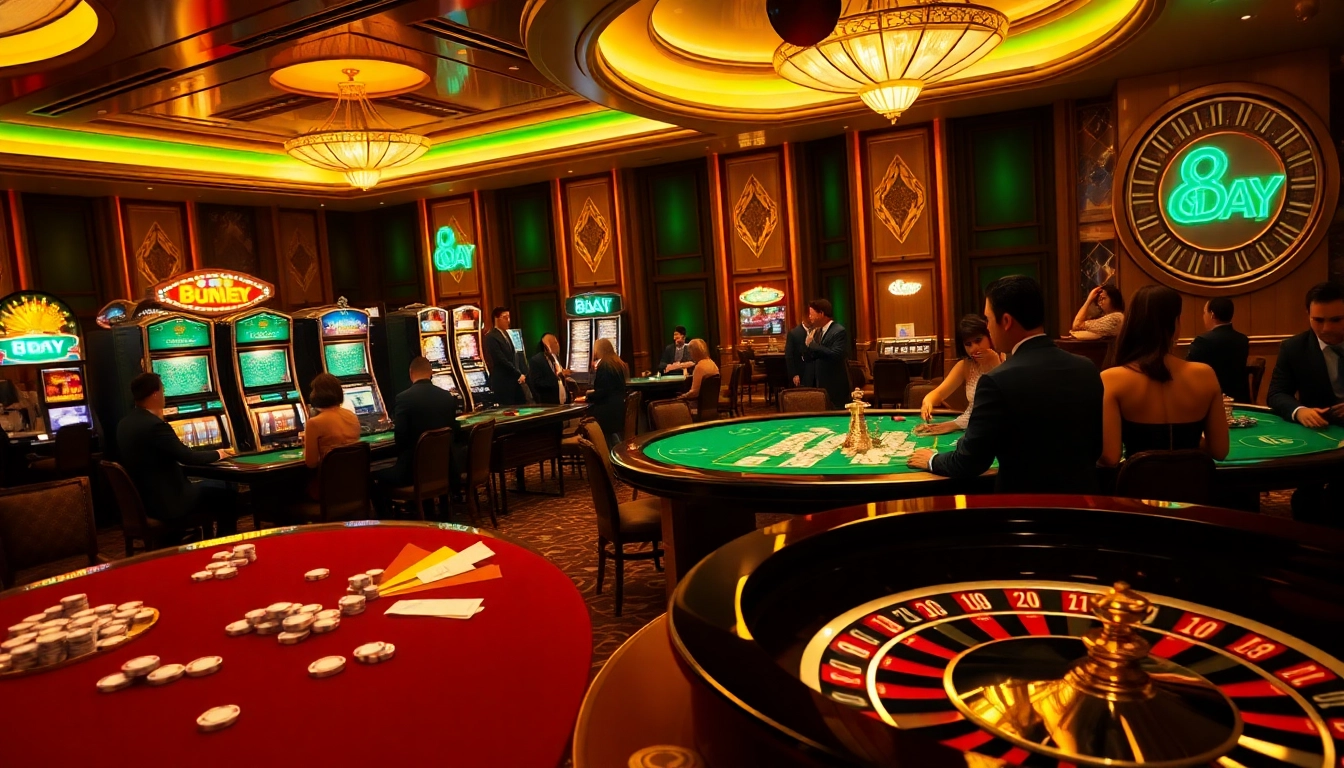 8DAY Casino atmosphere filled with vibrant slot machines and engaged gamblers at tables.