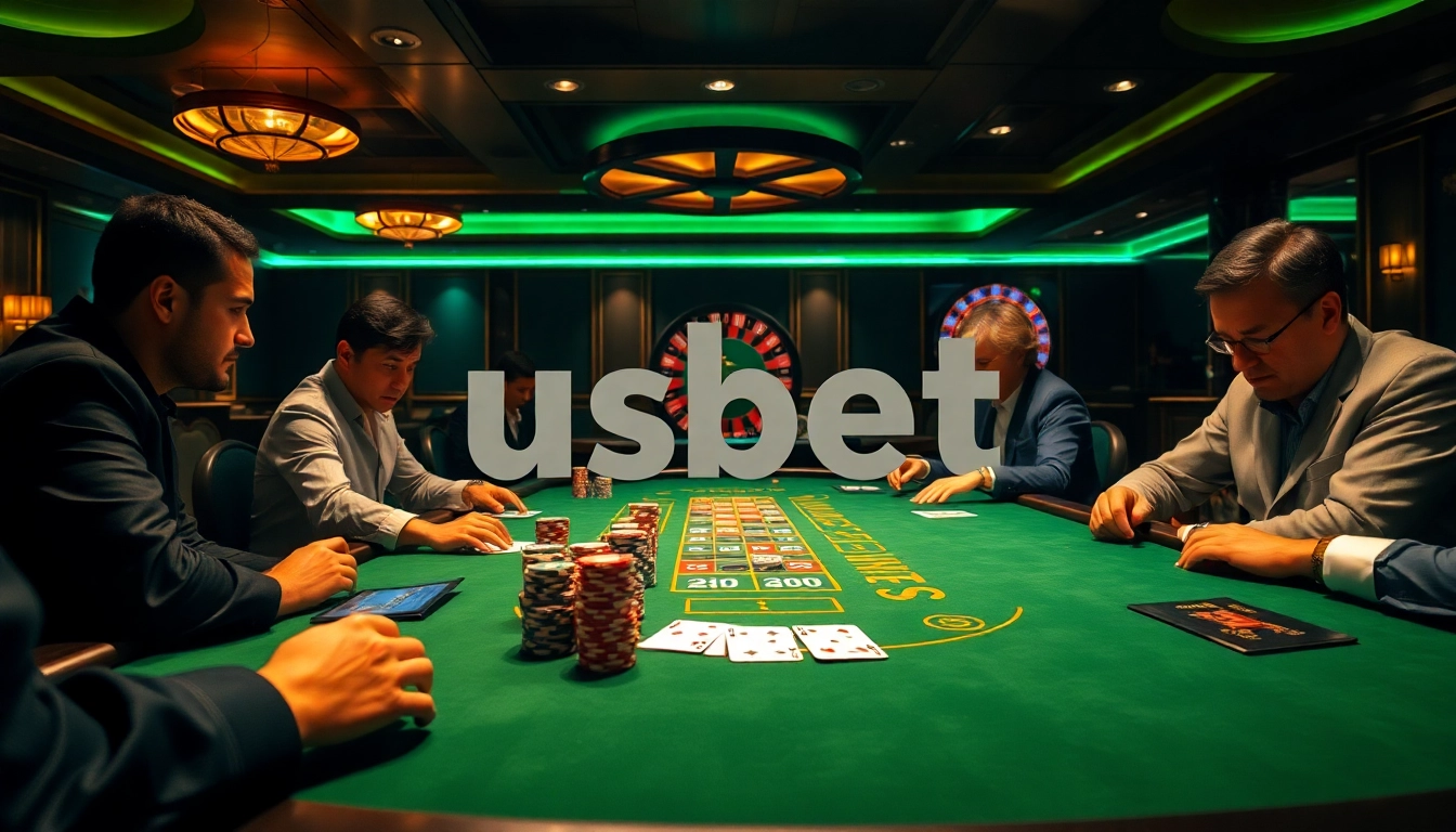 Engaging players at a high-stakes poker table in a luxurious casino, showcasing usbet betting excitement.