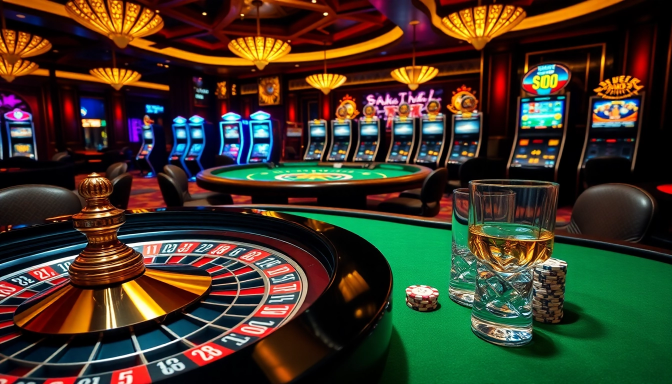 Casino scene showcasing rr 88 excitement with poker chips, roulette wheel, and vibrant slot machines.