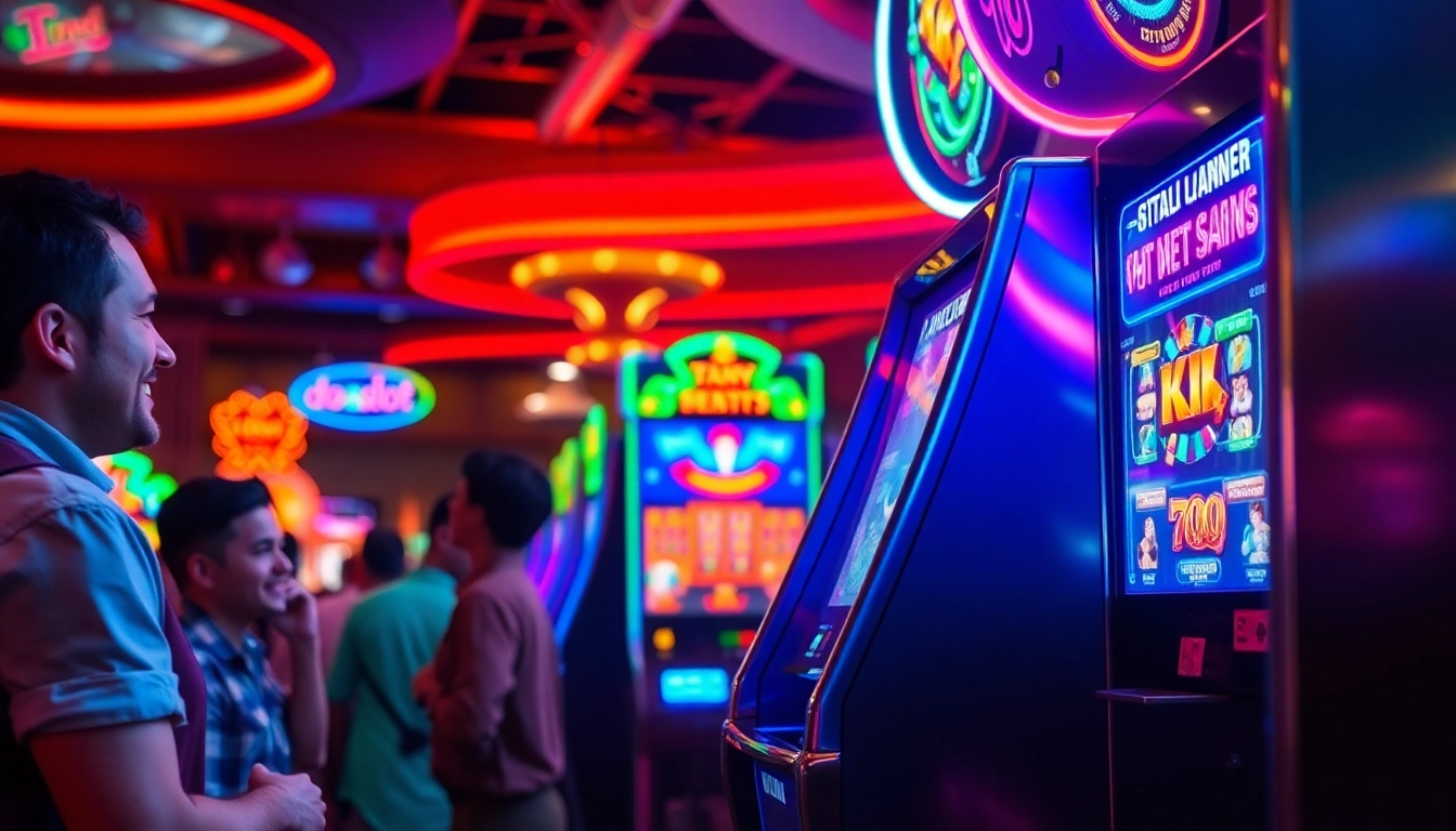 Exciting doaslot casino scene with vibrant slot machine lights and joyful players.